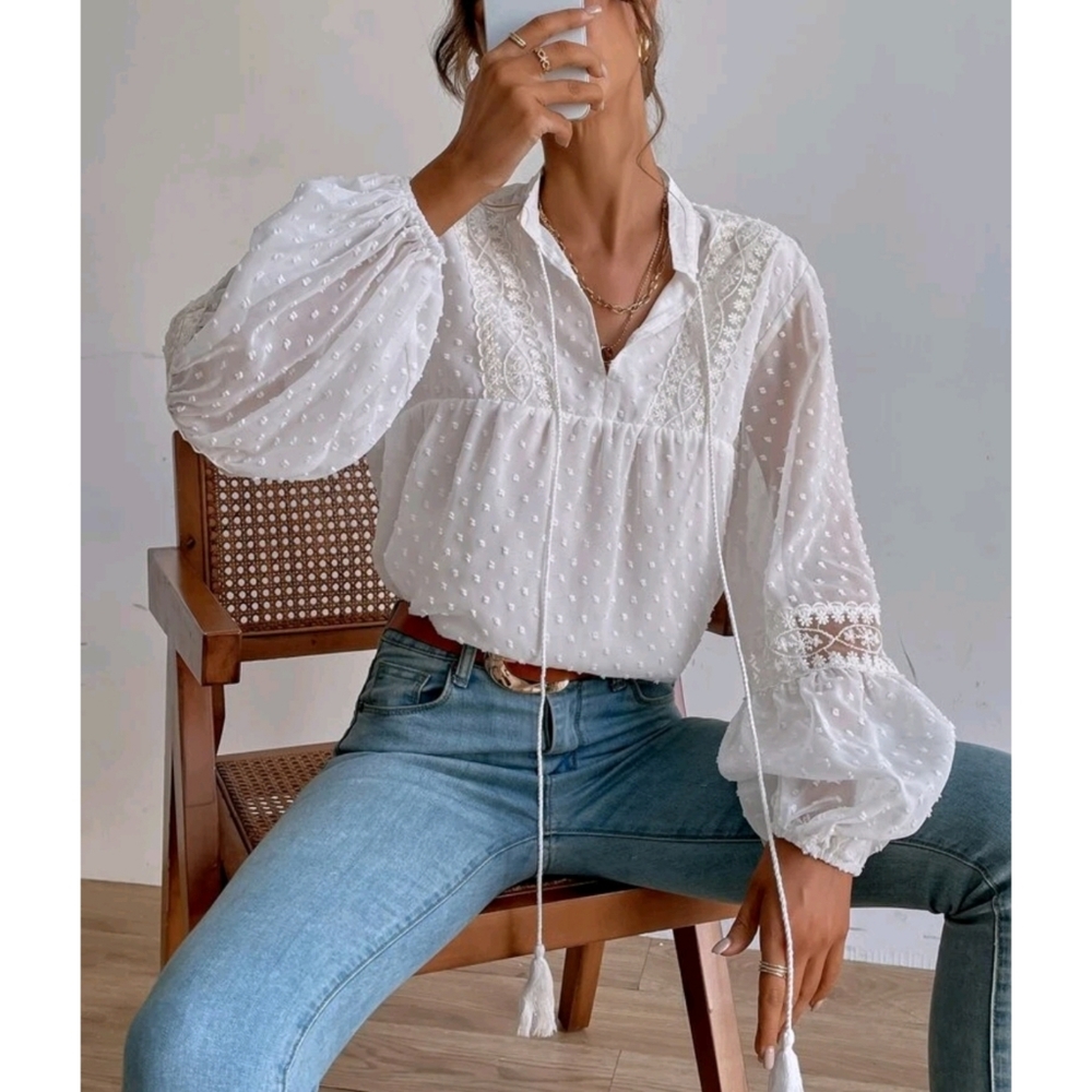 Boho Swiss Dot Embroidery Tassel Tie Blouse